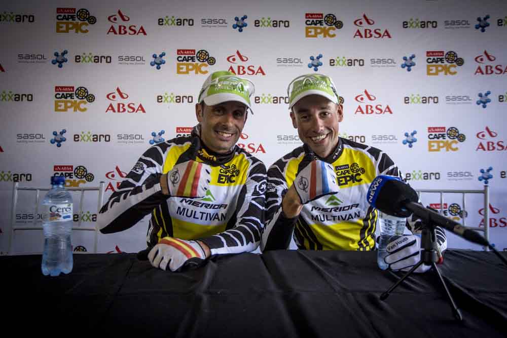 Jose Hermida and Rudi van Houts of Multivan Merida during the Prologue of the 2014 Absa Cape Epic Mountain Bike stage race held at Meerendal Wine Estate in Durbanville outside Cape Town, South Africa on the 23 March 2014. Photo: Nick Muzik/Cape Epic/SPORTZPICS 