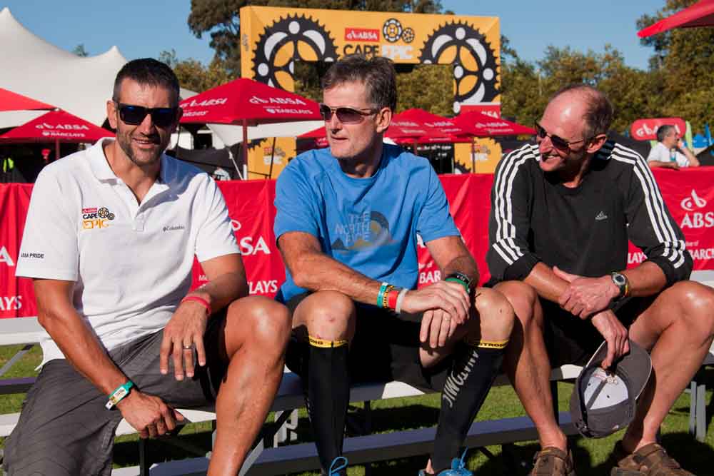 Alex Harris on the left with Tony van Marken  and Mike Nixon, all South African Everest conqueror during stage 6 of the 2014 Absa Cape Epic Mountain Bike stage race from Oak Valley Wine Estate in Elgin, South Africa on the 29 March 2014 Photo by Emma Harrop/Cape Epic/SPORTZPICS