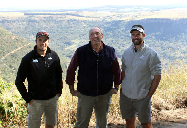 Race Coordinator Andrew van Rensburg, Event Director Alec Lenferna and globally renowned Course Designer Nick Floros soak up the view of Hilton College Nature Reserve and Umgeni Valley Nature Reserve, both of which form part of the 2014 UCI Mountain Bike Marathon World Championships course. Photo: Kyle Gilham/Gameplan Media