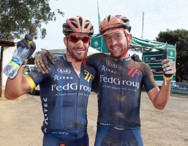Overnight leaders Kevin Evans (left) and Max Knox (right) of FedGroup-Itec took their second stage win on day two of the three-day Nedbank sani2c mountain bike stage race on Friday.  Photo: Full Stop Communications