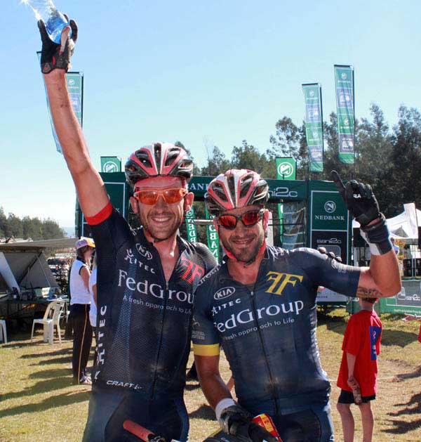 (Max Knox & Kevin Evans)Multiple former winners Max Knox (left) and Kevin Evans, of FedGroup-Itec, claimed the opening stage of the 10th Nedbank sani2c mountain bike stage race at Ixopo in KwaZulu-Natal on Thursday.  Photo: Full Stop Communications