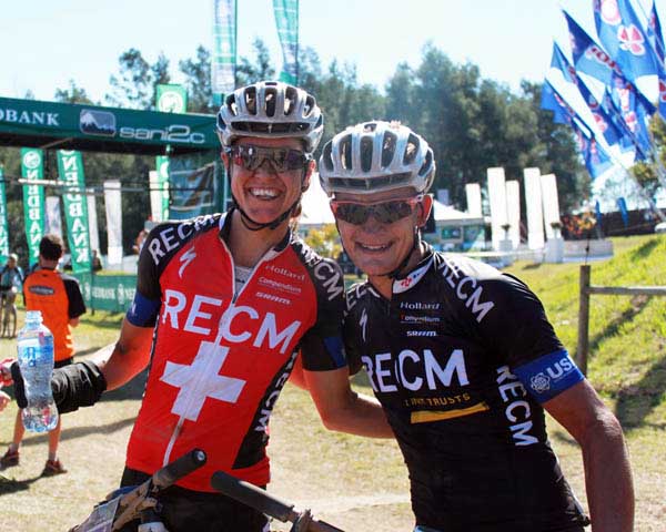 RECM’s three-time winner Ariane Kleinhans (left) and new partner Lourens Luus took the mixed category on stage one of the three-day Nedbank sani2c mountain bike race at Ixopo in KwaZulu-Natal on Thursday.   Photo: Full Stop Communications