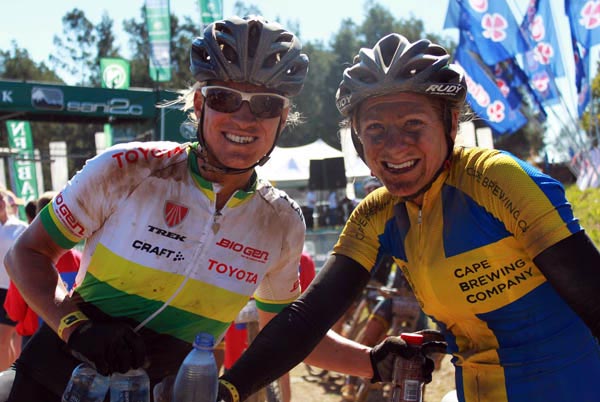 National marathon champion Robyn de Groot and former Swedish road champion Jennie Stenerhag won the women’s race on day one of the three-day Nedbank sani2c mountain bike race at Ixopo in KwaZulu-Natal on Thursday.  Photo: Full Stop Communications