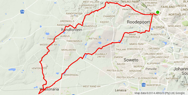 The loop with Alex Harris and co that started and finished in Roodepoort, just west of Johannesburg and which looped south west around Soweto to Westonaria, then back to Roodepoort via Randfontein and Krugersdorp.
