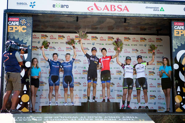 Women podium (L to R) Jennie Stenerhag Robyn Lee de Groot  of Ascendis Health (2nd), Ariane Kleinhans & Annika Langvad of Specialized (1st) and Milena Landtwing & Hielke Elferink Meerendal Wheeler C'Dale (3rd) during the Prologue of the 2015 Absa Cape Epic Mountain Bike stage race held at the University of Cape Town in Cape Town, South Africa on the 15 March 2015. Photo: Gary Perkin/Cape Epic/SPORTZPICS