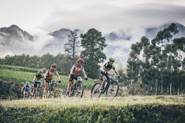 The top 3 ladies teams departs Boschendal enroute to Stellenbosch during stage 6 of the 2016 Absa Cape Epic Mountain Bike stage race from Boschendal in Stellenbosch, South Africa on the 19th March 2015 Photo by Ewald Sadie/Cape Epic/SPORTZPICS 