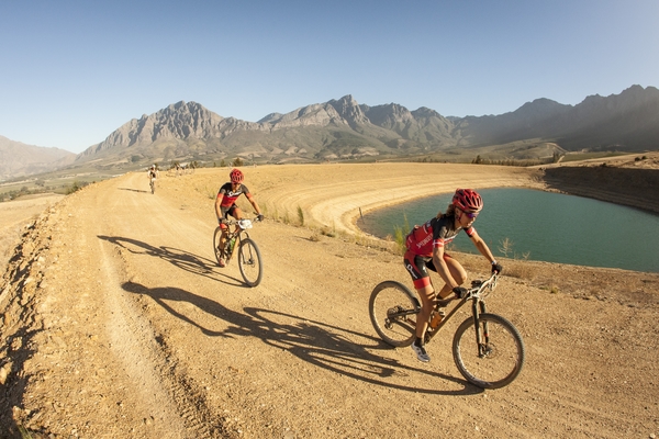 Ariane Kleinhans (R) and Annika Langvad (L) during stage 1 of the 2016 Absa Cape Epic Mountain Bike stage race held from Saronsberg Wine Estate in Tulbagh, South Africa on the 14th March 2016 Photo by Sam Clark/Cape Epic/SPORTZPICS 