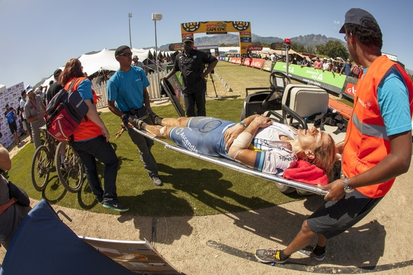 Jennie Stenerhag being carried off the finish line after stage 3 of the 2016 Absa Cape Epic Mountain Bike stage race held from Saronsberg Wine Estate in Tulbagh to the Cape Peninsula University of Technology in Wellington, South Africa on the 16th March 2016 Photo by Sam Clark/Cape Epic/SPORTZPICS
