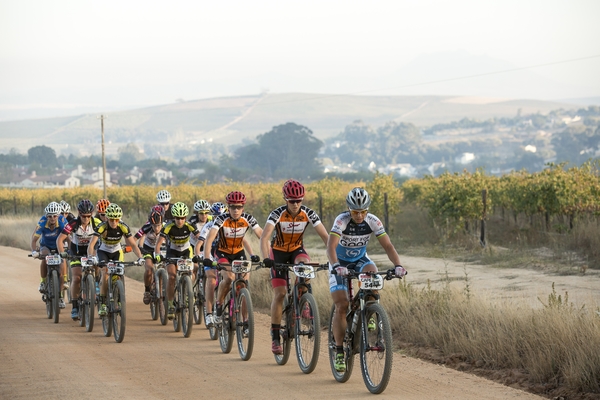 The ladies peloton during stage 4 of the 2016 Absa Cape Epic Mountain Bike stage race from the Cape Peninsula University of Technology in Wellington, South Africa on the 17th March 2016 Photo by Sam Clark/Cape Epic/SPORTZPICS