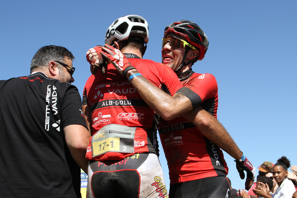 Nicola Rohrbach and Matthias Pfommer of Centurion Vaude by Meerendal 2 celebrate winning stage 2 during stage 2 of the 2016 Absa Cape Epic Mountain Bike stage race from Saronsberg Wine Estate in Tulbagh, South Africa on the 15th March 2016 Photo by Shaun Roy/Cape Epic/SPORTZPICS