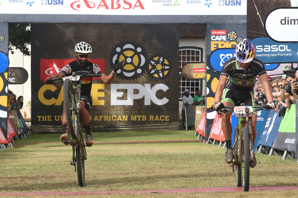 Manuel Fumic of Cannondale Factory Racing celebrates after finishing second with partner Henrique Avancini of Cannondale Factory Racing during stage 6 of the 2016 Absa Cape Epic Mountain Bike stage race from Boschendal in Stellenbosch, South Africa on the 19th March 2015 Photo by Shaun Roy/Cape Epic/SPORTZPICS
