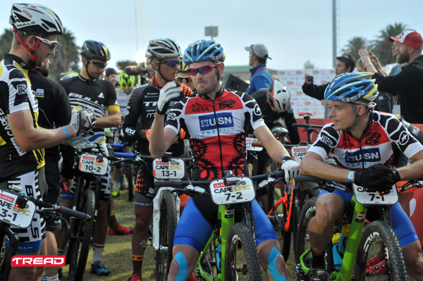 From right, African red Jersey leaders Darren Lill and Waylon Lill of USN Purefit talk with yellow jersey leader Karl Platt of Team Bulls on the start line of stage 5 of the 2016 Absa Cape Epic Mountain Bike stage race held from the Cape Peninsula University of Technology in Wellington to Boschendal in Stellenbosch, South Africa on the 18th March 2016. Photo by Dino Lloyd