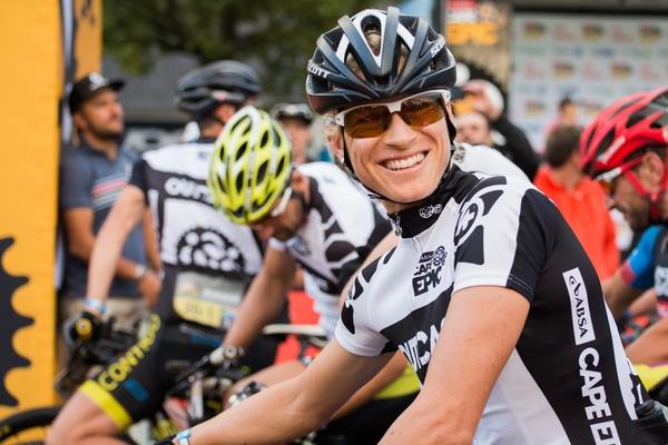 Robyn de Groot of South Africa (Ascendis Health) in the Outcast jersey looking very relaxed at the start, during stage 6 of the 2016 Absa Cape Epic Mountain Bike stage race from Boschendal in Stellenbosch, South Africa on the 19th March 2015 Photo by Emma Hill/Cape Epic/SPORTZPICS 
