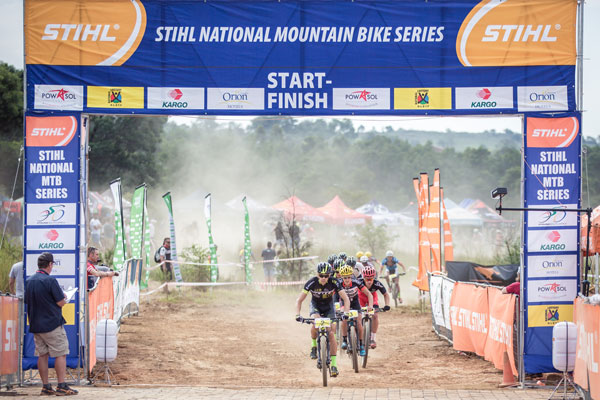 London 2012 Olympian, Philip Buys (Scott Factory Racing powered by LCB) leads the Pro-Elite men's field through the start/finish area at round three of the Stihl 2016 SA XCO Cup Series hosted by the City of Thswane at Wolwespruit Bike Park in Erasmuskloof, Pretoria, on Saturday 26 March. Photo: Hendrik Steytler Photography