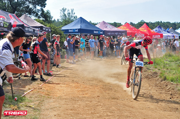 The junior men's race was hotly contested with a sprint finish for first and second respectively for Henry Liebenberg (206) and Pieter Du Toit at round three of the Stihl 2016 SA XCO Cup Series hosted by the City of Thswane at Wolwespruit Bike Park in Erasmuskloof, Pretoria, on Saturday 26 March. Photo: Dino Lloyd