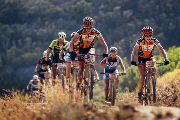 The top 3 ladies teams lead by Team Spur Specialized's Ariane Kleinhans and Annika Langvad during stage 5 of the 2016 Absa Cape Epic Mountain Bike stage race held from the Cape Peninsula University of Technology in Wellington to Boschendal in Stellenbosch, South Africa on the 18th March 2016 Photo: Ewald Sadie/Cape Epic/SPORTZPICS