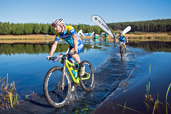 The USN-Purefit pair of Darren Lill and Waylon Woolcock (front) were the strongest pair on the course on Thursday which was the first day of the Race event at the 2016 KAP sani2c. Photo: Anthony Grote/Gameplan Media