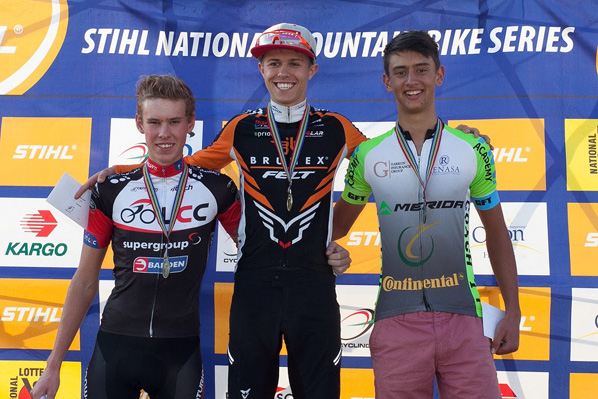he Junior Men's race saw winner Tim Meier stand atop the podium, flanked by Reinhard Zellhuber (2nd place - right) and Wessel Botha (3rd place - left) at Settlers Park Nature Reserve in the fourth round of the Stihl 2016 SA XCO Cup Series in Port Elizabeth on Saturday 14 May. Photo: Anton Havenga
