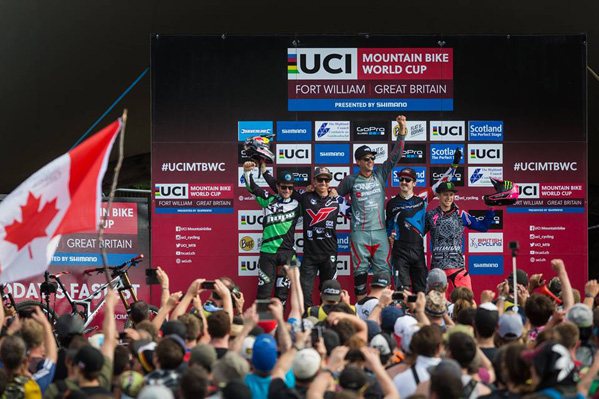 The podium ceromony, pictured from left; Adam Brayton 4th, Aaron Gwin 2nd (The YT Mob), Greg Minnaar 1st (Santa Cruz Syndicate), Danny Hart 3rd (Ms Mondraker) and Troy Brosnan 5th (Specialized Racing) Photo: Michael Cerveny