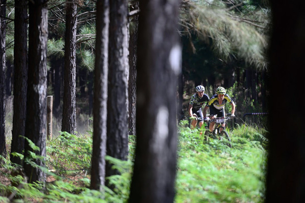 Erik Kleinhans and Matt Beers relished the forest singletrack and secured their second stage win of the 2016 Cape Pioneer Trek international mountain bike stage race in George, South Africa on Wednesday. Photo: www.zcmc.co.za
