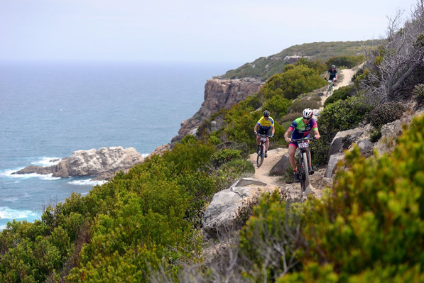 Competitors tackle the scenic singletrack during the prologue stage of the 2016 Cape Pioneer Trek international mountain bike stage race in Mossel Bay, South Africa on Sunday. Photo: www.zcmc.co.za