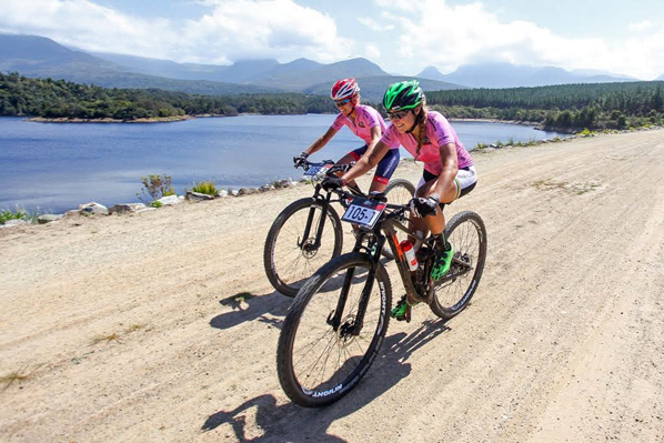 The OMX Pro MTB duo of Cherie Redecker (left) and Mariske Strauss (right) raced to thier fourth straigh stage victory on Stage 3 of the Cape Pioneer Trek, on 19th of October 2016. Photo: Oakpics.com