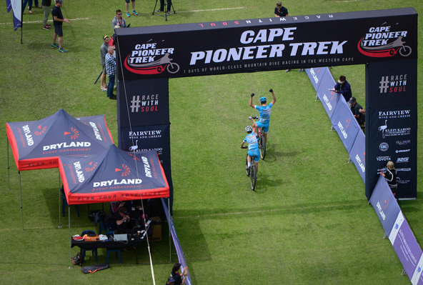 Estonians Peeter Pruus and Peeter Tarvis captured the stage win and closed the gap on the overall leaders on Stage 2 of the Cape Pioneer Trek international mountain bike stage race in George, South Africa on Tuesday. Photo: www.zooncronje.com