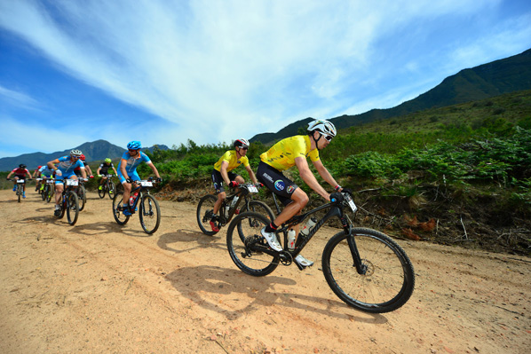 Nico Bell and Gawie Combrinck (in yellow) survived a difficult day of mechanicals to cling to their overall race lead during Stage 2 of the Cape Pioneer Trek international mountain bike stage race in George, South Africa on Tuesday Photo: www.zooncronje.com