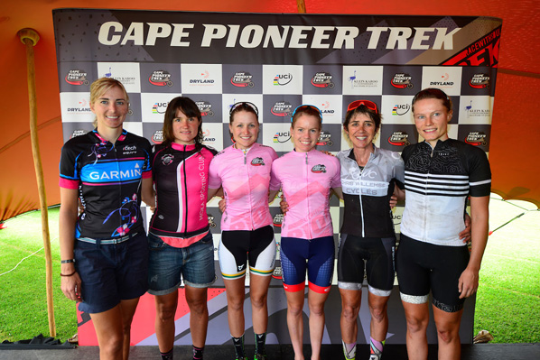 The top three women’s teams after Stage 2 of the 2016 Cape Pioneer Trek international mountain bike stage race in South Africa on Tuesday are (from left): Yolandi du Toit and Aurelie Halbwachs (second), Mariske Strauss and Cherie Redecker (first) and Hannele Steyn and Katje Steenkamp (third).  Photo: www.zooncronje.com