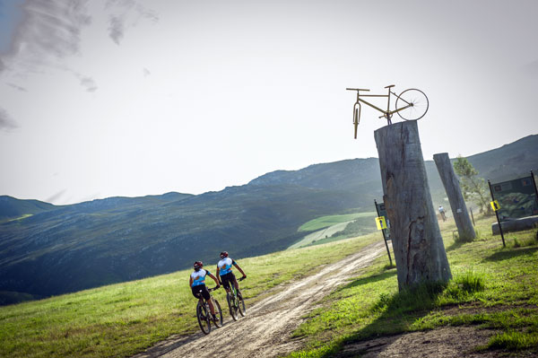 The action of the 2016 FNB Wines2Whales (W2W) Mountain Bike (MTB) Events will close off with a third and final stage that will start at the Oak Valley Wine Estate (Elgin-Grabouw), take mountain bikers on a memorable 69km journey before finishing at the Onrus Caravan Park within sight of the famous whales of Hermanus! Seen here: Mountain bikers going past the Paul Cluver Bike Park in the Amphitheatre during Stage Three of the FNB W2W MTB Events. Photo: Tobias Ginsberg