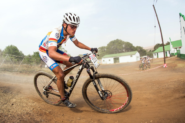 Rinus Maarsingh of Grey College (rider 235) in action in the junior men’s race at the Spur Schools MTB League National Finals. Photo: Chris Hitcock