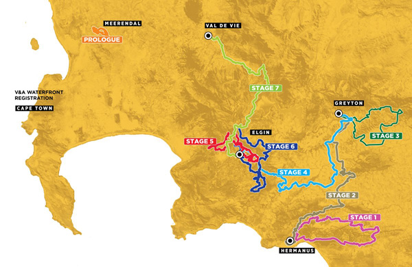 2017 Route Overview - Prologue and Stages 1 to 7, starting at Meerendal Wine Estate on March 19 and ending at Val de Vie on March 26.