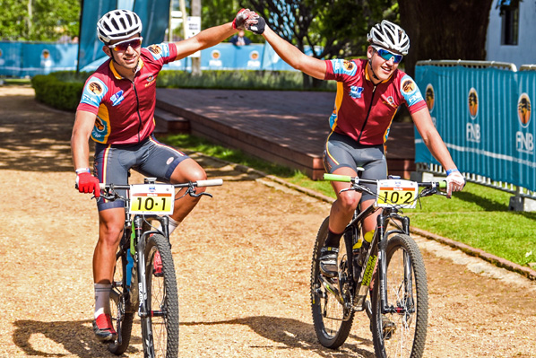 from left to right): Maties’ Varsity Sports MTB Challenge winners, CP van Wyk and Ian Lategan crossing the finishing line on day two of the Varsity Sports MTB Challenge. Photo: Robert Ward