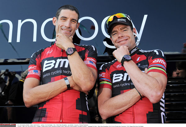 Pictured from left, George HINCAPIE (Usa) and Cadel EVANS (Aus) on Stage 1 of the 98th Tour de France 2011. Photo: Tim De Waele