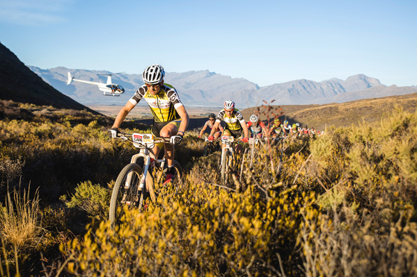 Christoph Sauser and Jaroslav Kulhavy leaving Worcester on their way to victory during stage 5 of the 2015 Absa Cape Epic Mountain Bike stage race held from HTS Drostdy in Worcester to the Cape Peninsula University of Technology in Wellington, South Africa on the 20 March 2015 Photo: Ewald Sadie/Cape Epic/SPORTZPICS