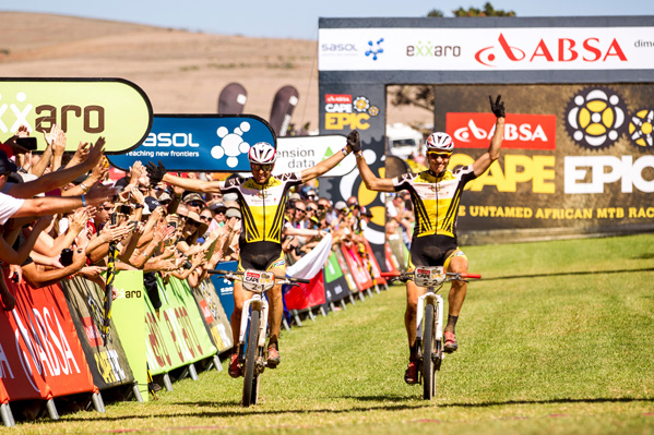 Christoph Sauser and Jaroslav Kulhavy of Investec Songo Specialized win the 2015 Absa Cape Epic Mountain Bike stage race from the Cape Peninsula University of Technology in Wellington to Meerendal Wine Estate in Durbanville, South Africa on the 22 March 2015 Photo: Nick Muzik/Cape Epic/SPORTZPICS