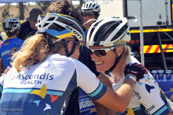 CAPE TOWN, SOUTH AFRICA - MARCH 13: Women's Elite contenders, Robyn de Groot and Jenny Sternerhag of Team Ascendis Health at the finish of the prologue in Meerendal on March 13, 2016 in Cape Town, South Africa. Mountain bikers from across South Africa and internationally gather to compete in the ABSA Cape Epic. One of the world's largest and most gruelling mountain bike stage races. Set in the Western Cape region of South Africa, riders in team of two compete in 8 days of rugged mountain biking throughout the region, enduring a range of extreme . (Photo: Dino Lloyd)
