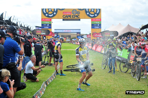 Team Bulls celebrate their fifth ABSA Cape Epic title after completeing stage 7 of the 2016 ABSA Cape Epic. Photo: Dino Lloyd