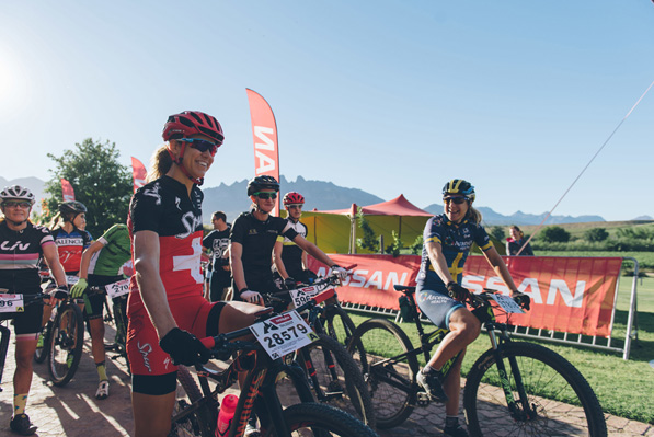 Ariane Lüthi, closest to camera, shares a laugh with the women’s Elite start group at the final round of the 2016 Nissan Trailseeker Series, Western Cape event at Bosman Wines in November last year. It was after this event that Lüthi engaged Advendurance in prize money discussions.Photo: www.zcmc.co.za/Hayden Brown